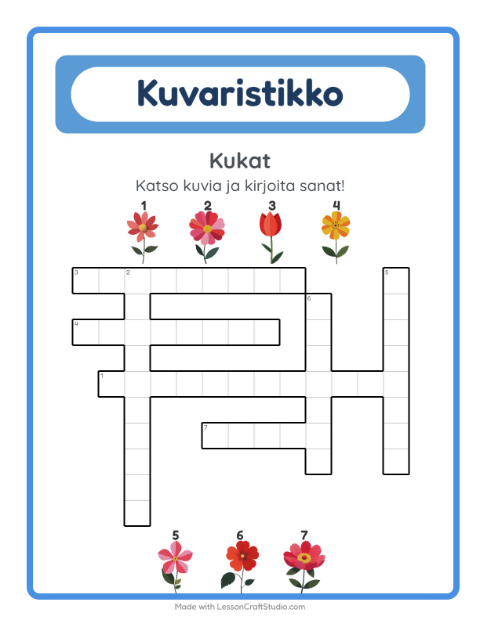 Esikatselu: Ristikko-tehtäväarkki, aiheena Kukat, 2. luokka
