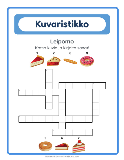 Esikatselu: Ristikko-tehtäväarkki, aiheena Leipomo, 2. luokka