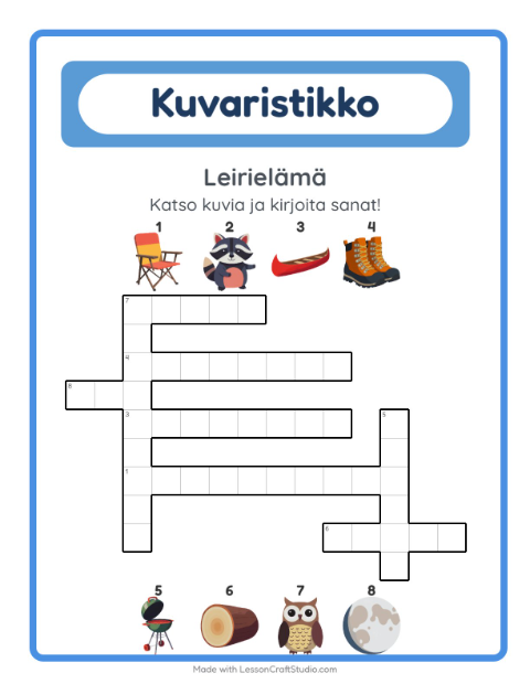 Esikatselu: Ristikko-tehtäväarkki, aiheena Leirielämä, 2. luokka