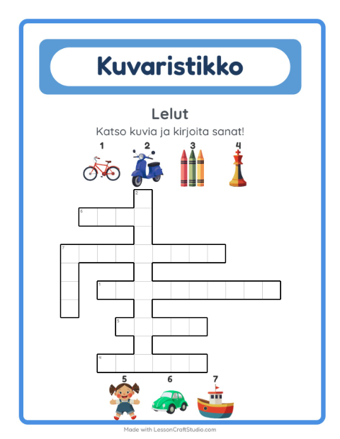 Esikatselu: Ristikko-tehtäväarkki, aiheena Lelut, 2. luokka