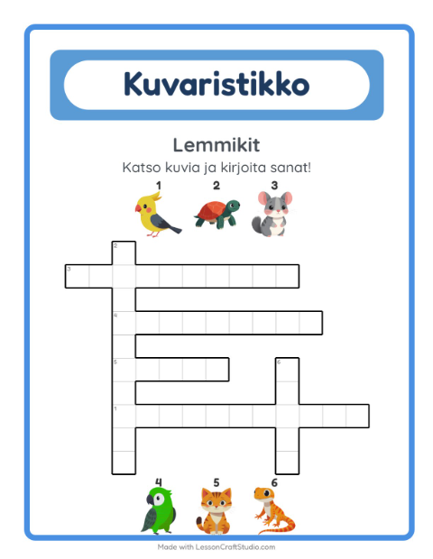 Esikatselu: Ristikko-tehtäväarkki, aiheena Lemmikit, 2. luokka