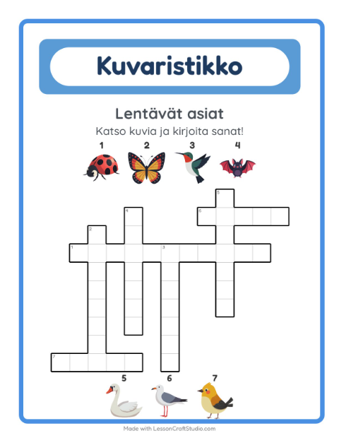 Esikatselu: Ristikko-tehtäväarkki, aiheena Lentävät asiat, 2. luokka