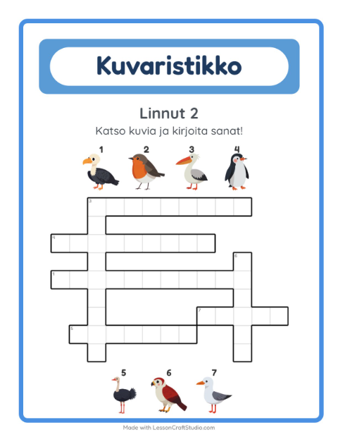 Esikatselu: Ristikko-tehtäväarkki, aiheena Linnut 2, 2. luokka