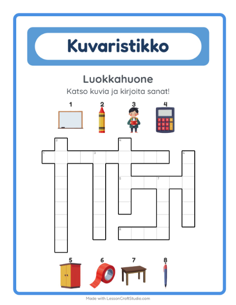 Esikatselu: Ristikko-tehtäväarkki, aiheena Luokkahuone, 2. luokka