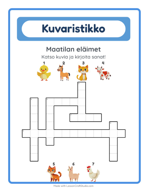 Esikatselu: Ristikko-tehtäväarkki, aiheena Maatilan eläimet, 2. luokka
