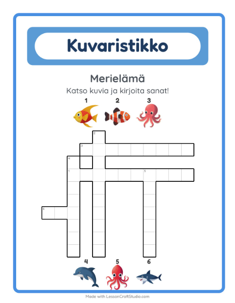 Esikatselu: Ristikko-tehtäväarkki, aiheena Merielämä, 2. luokka