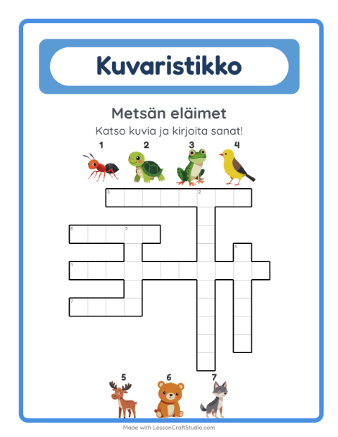 Esikatselu: Ristikko-tehtäväarkki, aiheena Metsän eläimet, 2. luokka