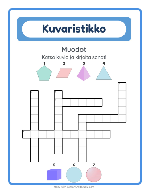 Esikatselu: Ristikko-tehtäväarkki, aiheena Muodot, 2. luokka