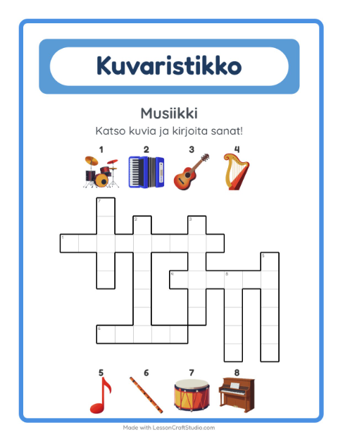 Esikatselu: Ristikko-tehtäväarkki, aiheena Musiikki, 2. luokka