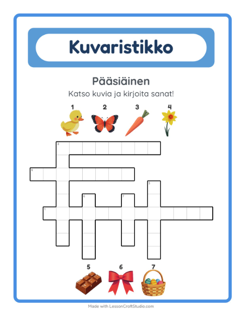 Esikatselu: Ristikko-tehtäväarkki, aiheena Pääsiäinen, 2. luokka