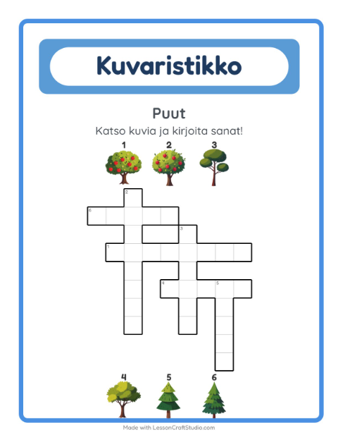 Esikatselu: Ristikko-tehtäväarkki, aiheena Puut, 2. luokka