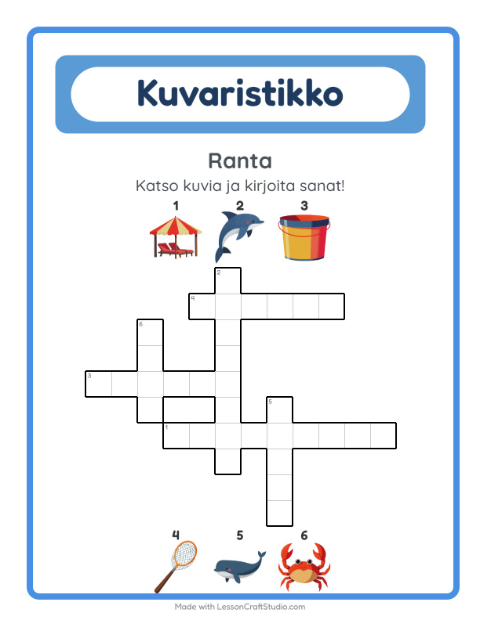 Esikatselu: Ristikko-tehtäväarkki, aiheena Ranta, 2. luokka