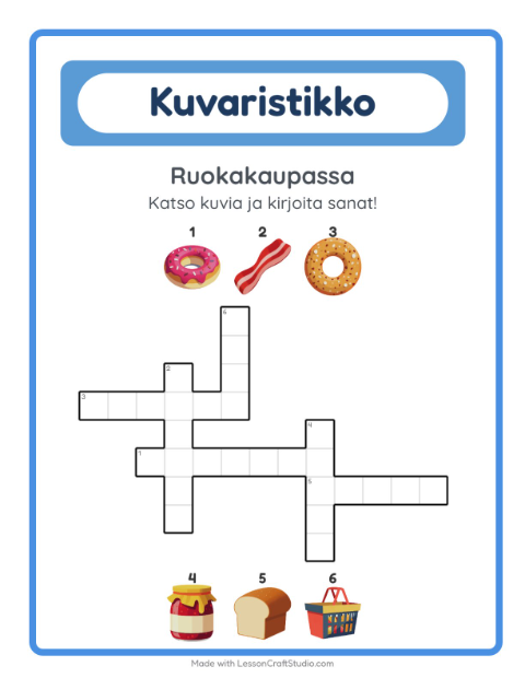 Esikatselu: Ristikko-tehtäväarkki, aiheena Ruokakaupassa, 2. luokka