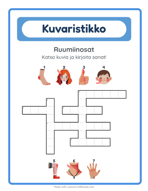 Esikatselu: Ristikko-tehtäväarkki, aiheena Ruumiinosat, 2. luokka