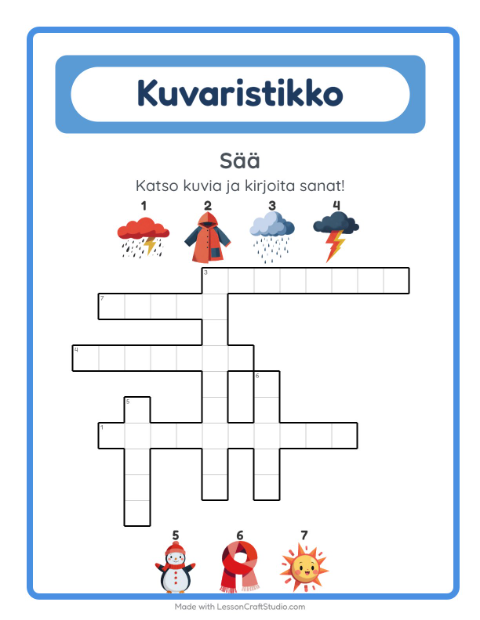 Esikatselu: Ristikko-tehtäväarkki, aiheena Sää, 2. luokka