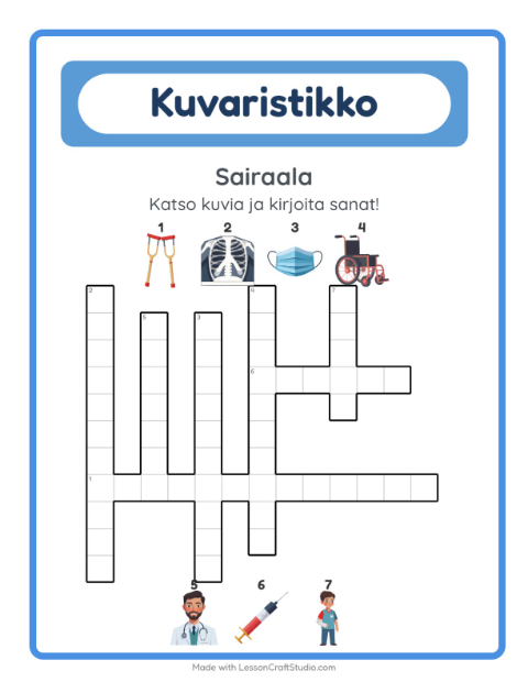 Esikatselu: Ristikko-tehtäväarkki, aiheena Sairaala, 2. luokka