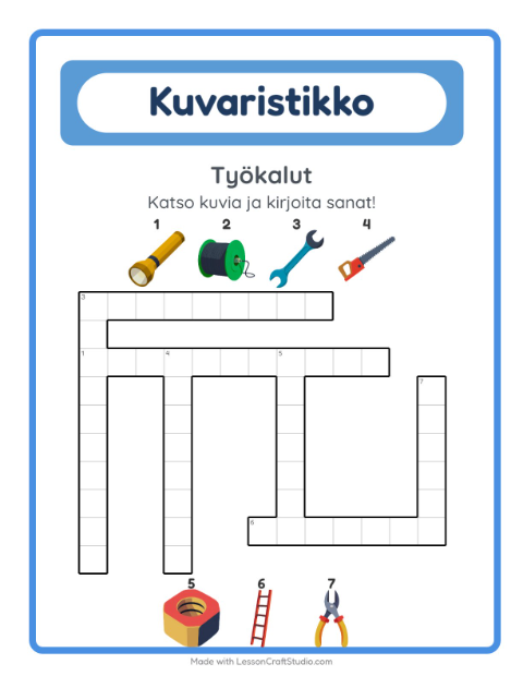 Esikatselu: Ristikko-tehtäväarkki, aiheena Työkalut, 2. luokka