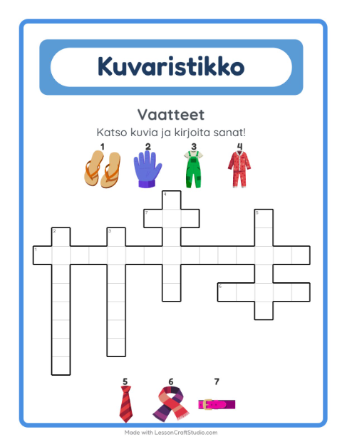 Esikatselu: Ristikko-tehtäväarkki, aiheena Vaatteet, 2. luokka