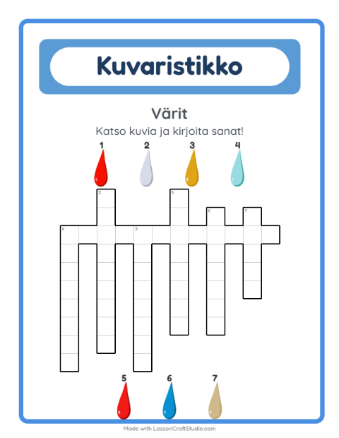 Esikatselu: Ristikko-tehtäväarkki, aiheena Värit, 2. luokka