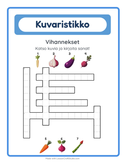 Esikatselu: Ristikko-tehtäväarkki, aiheena Vihannekset, 2. luokka