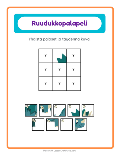 Esikatselu: Ruudukkoyhdistys-tehtäväarkki, aiheena Dinosaurukset, Esiopetus