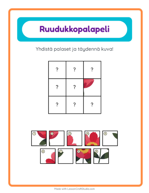 Esikatselu: Ruudukkoyhdistys-tehtäväarkki, aiheena Kukat, Esiopetus