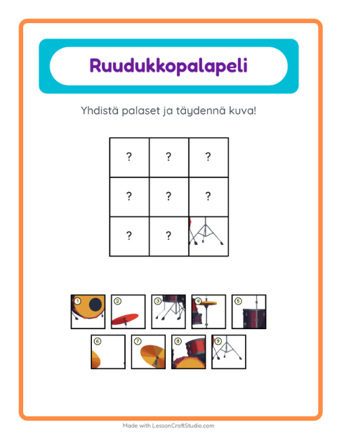 Esikatselu: Ruudukkoyhdistys-tehtäväarkki, aiheena Musiikki, Esiopetus