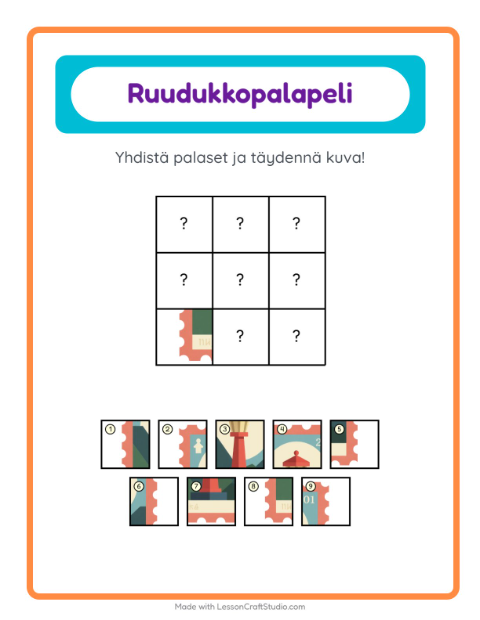 Esikatselu: Ruudukkoyhdistys-tehtäväarkki, aiheena Postitoimisto, Esiopetus