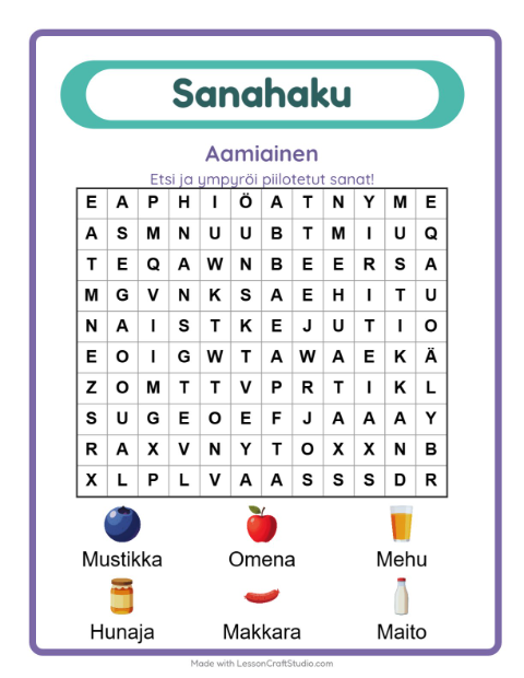 Esikatselu: Sanahaku-tehtäväarkki, aiheena Aamiainen, 1. luokka