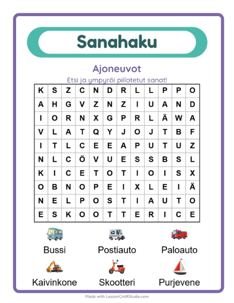 Esikatselu: Sanahaku-tehtäväarkki, aiheena Ajoneuvot, 1. luokka