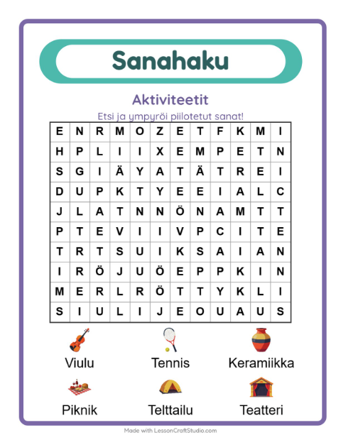 Esikatselu: Sanahaku-tehtäväarkki, aiheena Aktiviteetit, 1. luokka