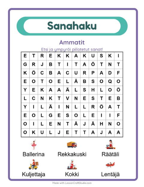 Esikatselu: Sanahaku-tehtäväarkki, aiheena Ammatit, 1. luokka