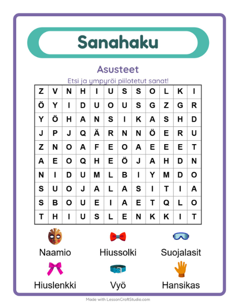 Esikatselu: Sanahaku-tehtäväarkki, aiheena Asusteet, 1. luokka