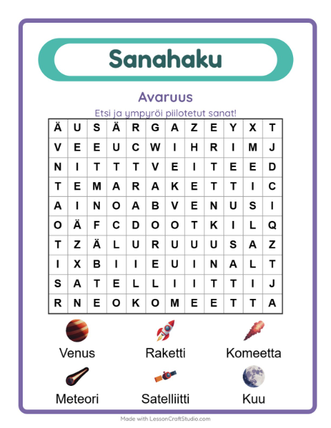 Esikatselu: Sanahaku-tehtäväarkki, aiheena Avaruus, 1. luokka