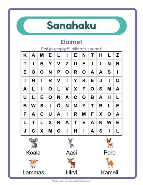 Esikatselu: Sanahaku-tehtäväarkki, aiheena Eläimet, 1. luokka