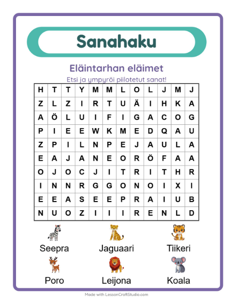 Esikatselu: Sanahaku-tehtäväarkki, aiheena Eläintarhan eläimet, 1. luokka