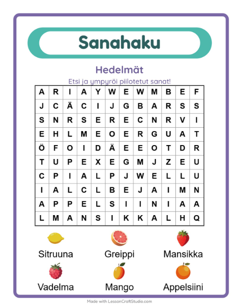 Esikatselu: Sanahaku-tehtäväarkki, aiheena Hedelmät, 1. luokka