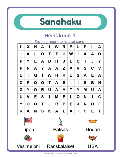 Esikatselu: Sanahaku-tehtäväarkki, aiheena Heinäkuun 4., 1. luokka