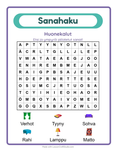 Esikatselu: Sanahaku-tehtäväarkki, aiheena Huonekalut, 1. luokka