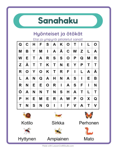 Esikatselu: Sanahaku-tehtäväarkki, aiheena Hyönteiset ja ötökät, 1. luokka