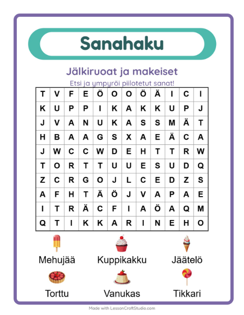 Esikatselu: Sanahaku-tehtäväarkki, aiheena Jälkiruoat ja makeiset, 1. luokka
