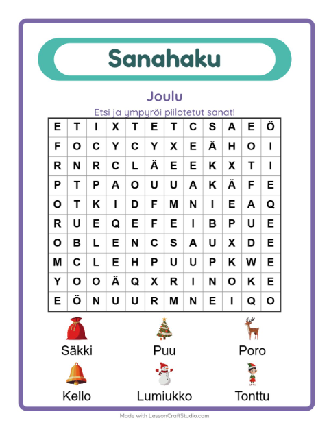 Esikatselu: Sanahaku-tehtäväarkki, aiheena Joulu, 1. luokka