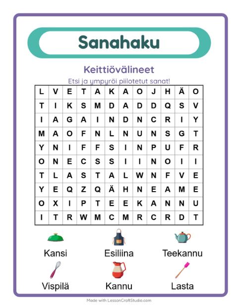 Esikatselu: Sanahaku-tehtäväarkki, aiheena Keittiövälineet, 1. luokka