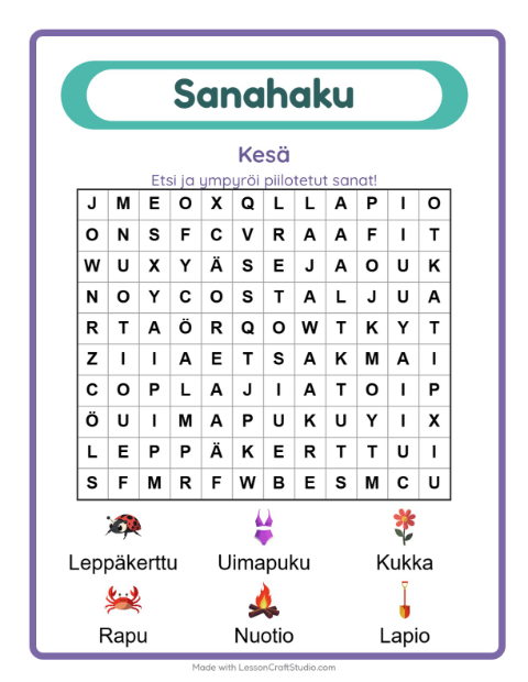 Esikatselu: Sanahaku-tehtäväarkki, aiheena Kesä, 1. luokka