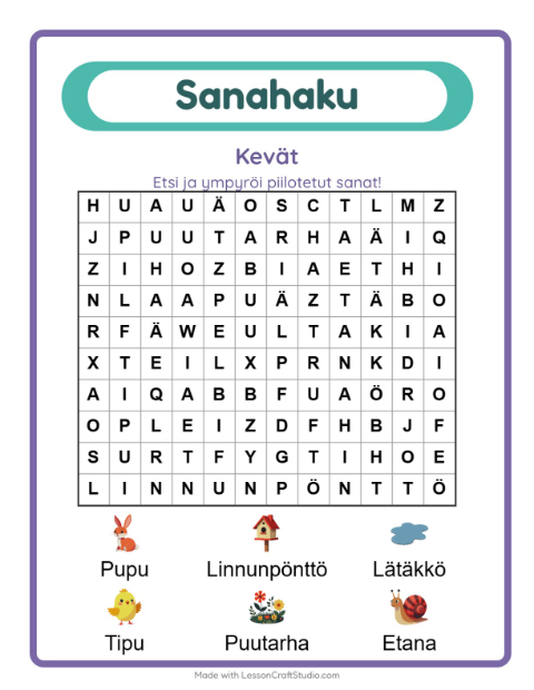 Esikatselu: Sanahaku-tehtäväarkki, aiheena Kevät, 1. luokka