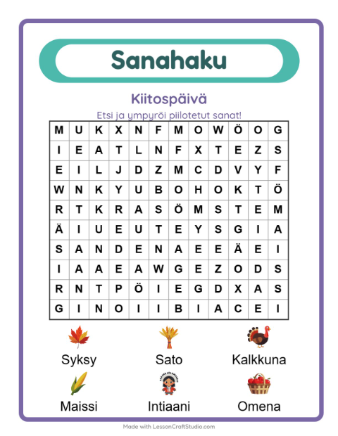 Esikatselu: Sanahaku-tehtäväarkki, aiheena Kiitospäivä, 1. luokka