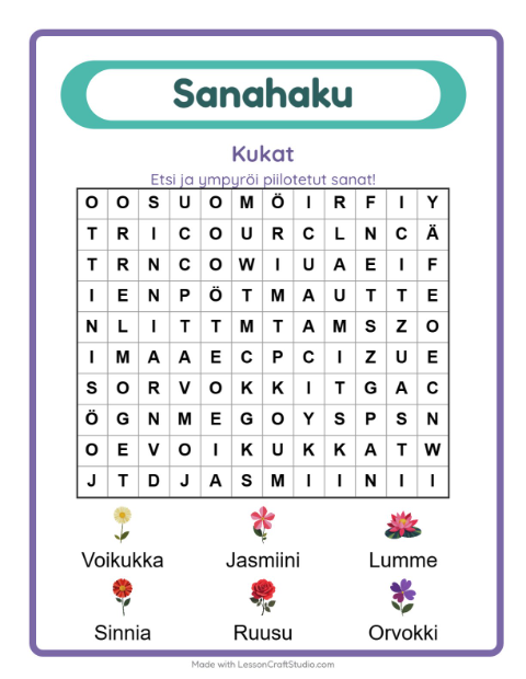 Esikatselu: Sanahaku-tehtäväarkki, aiheena Kukat, 1. luokka