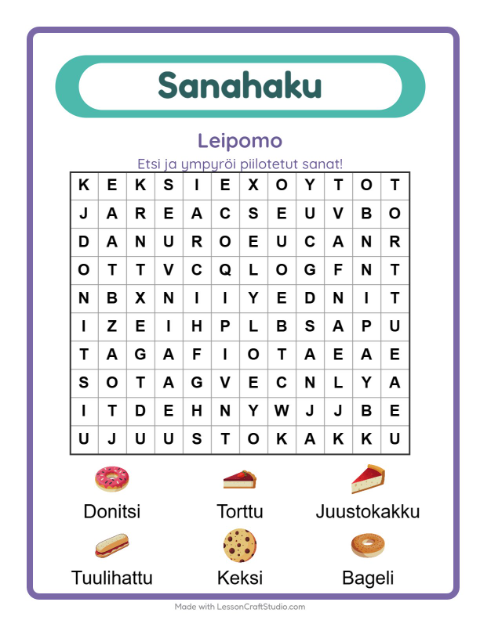 Esikatselu: Sanahaku-tehtäväarkki, aiheena Leipomo, 1. luokka