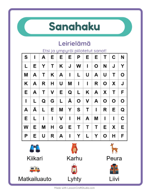Esikatselu: Sanahaku-tehtäväarkki, aiheena Leirielämä, 1. luokka