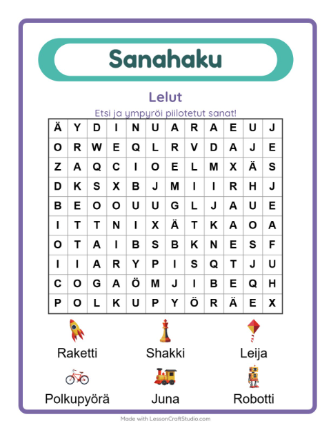 Esikatselu: Sanahaku-tehtäväarkki, aiheena Lelut, 1. luokka